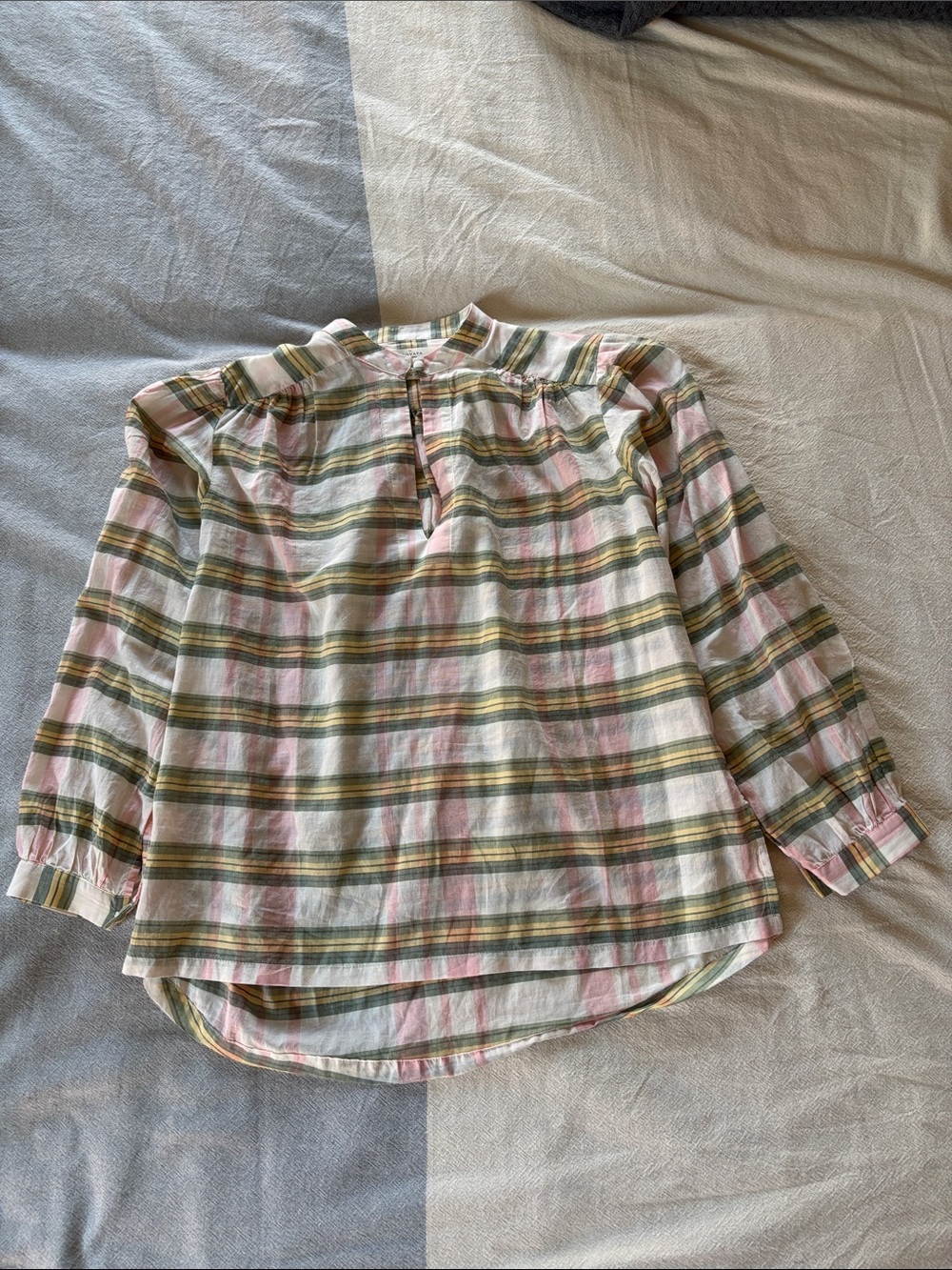 Trovata Birds of ParadiseButton-Front Plaid Cotton Blouse in Pink, Green & Cream